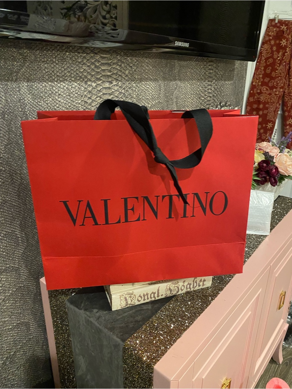 Valentino Red Shopping Bag with Black Ribbon Handles